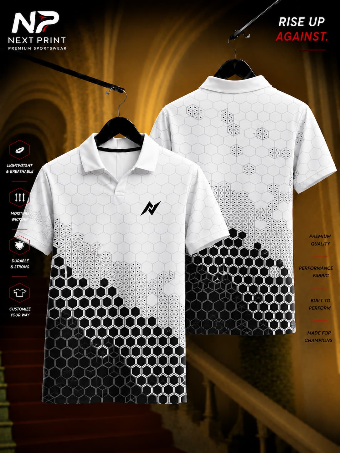 White polo sports jersey with black hexagonal gradient pattern, premium dry-fit performance fabric, front and back view.