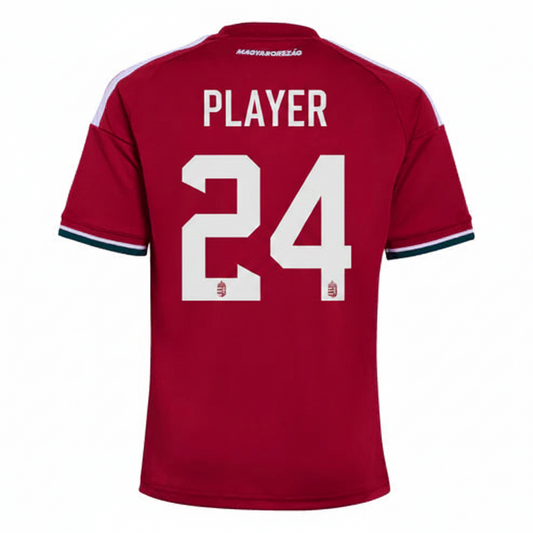 Back view of Hungary 2026 red round neck football jersey with white shoulder accents and tricolor sleeve trim