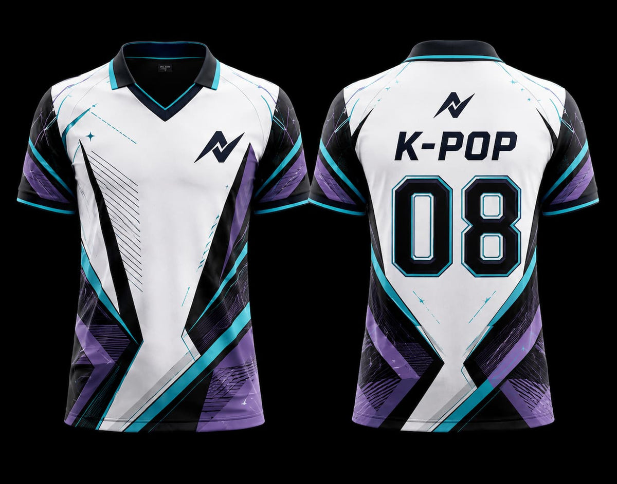 Front and back view of the Hyper Drive K-Pop V-neck polo collar jersey featuring futuristic white, black, cyan, and purple geometric graphics.