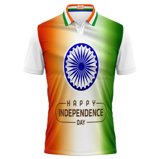 India Happy Independence Day Ashoka Chakra Tricolor Gradient Patriotic Polo T Shirt with saffron white green flag inspired design