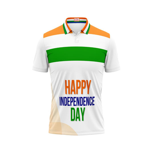 India Happy Independence Day patriotic polo t-shirt featuring tricolor stripe design and Independence Day typography