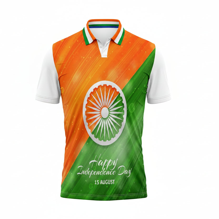 India Independence Day patriotic polo t-shirt featuring Ashoka Chakra, tricolor wave design and 15 August celebration artwork