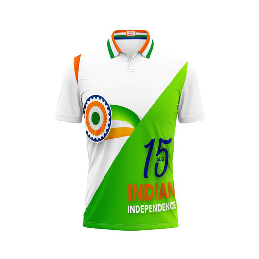 India Independence Day polo t-shirt featuring tricolor rosette badge and 15 August patriotic design