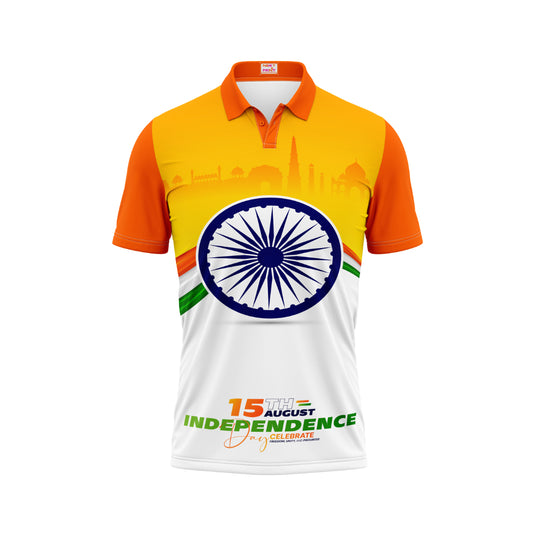 India Independence Day polo t-shirt featuring Ashoka Chakra, 15th August typography and Indian monument skyline design