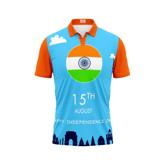 India Independence Day polo t-shirt featuring Ashoka Chakra, 15th August typography and Indian monument skyline artwork