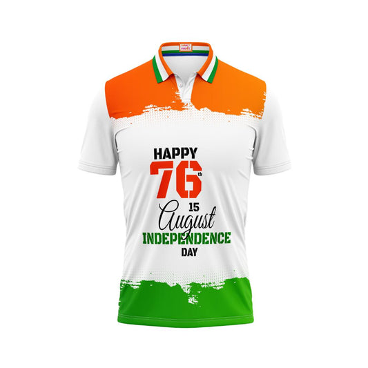 India Independence Day polo t-shirt featuring 76th Independence Day typography with 15 August patriotic tricolor design