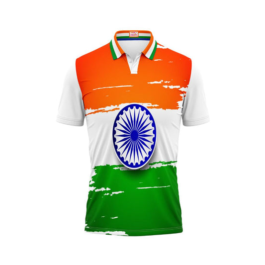 India Independence Day Ashoka Chakra Tricolor Brush Stroke Patriotic Polo T Shirt with saffron white green flag inspired design