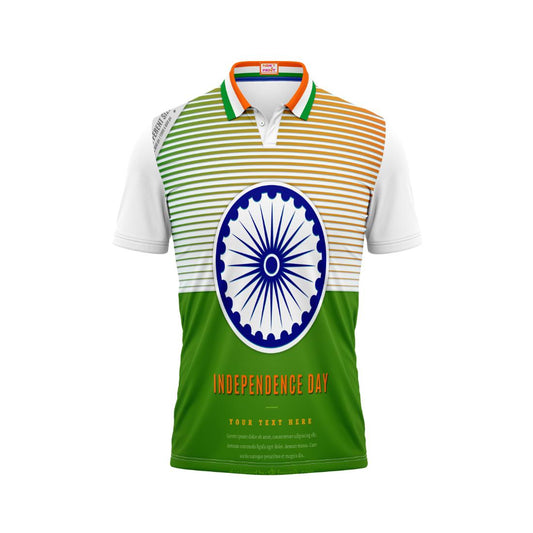 India Independence Day patriotic polo t-shirt featuring large Ashoka Chakra with tricolor stripe pattern and green patriotic design