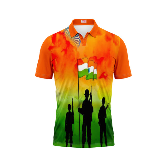 India Independence Day soldier silhouette holding Indian flag with watercolor tricolor patriotic polo t-shirt design