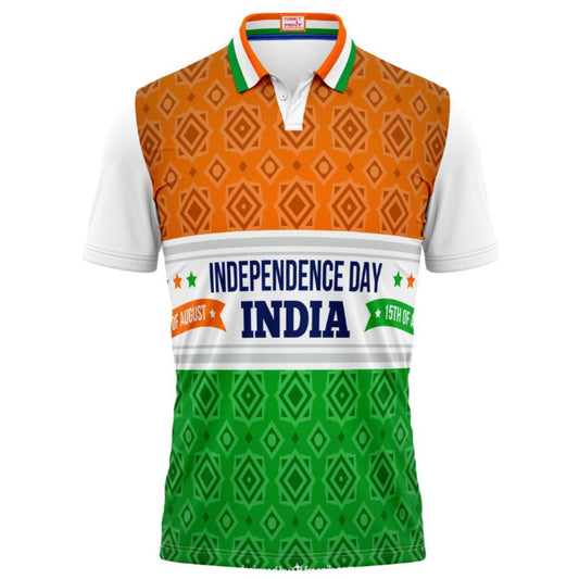 India Independence Day patriotic polo t-shirt featuring tricolor geometric pattern design with 15 August celebration artwork