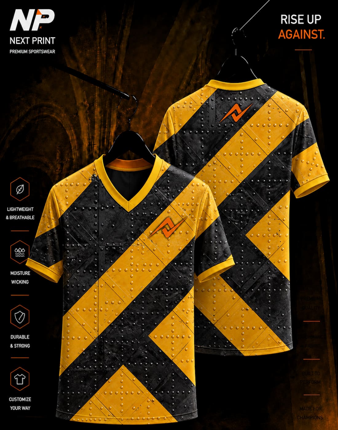 Industrial rivet yellow and black sublimation V-neck sports jersey front and back by Next Print