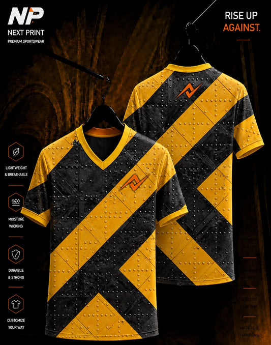 Industrial rivet yellow and black sublimation V-neck sports jersey front and back by Next Print