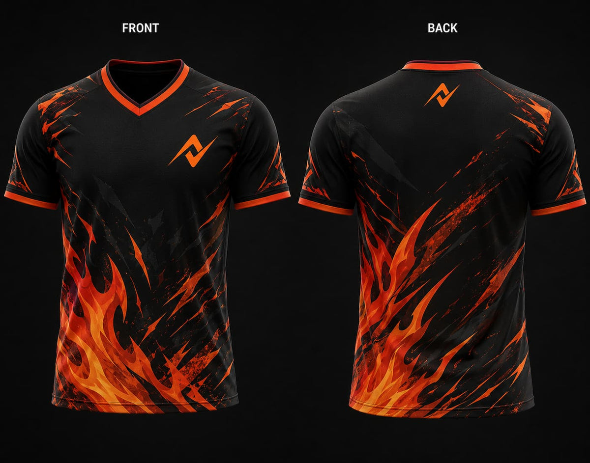 Front and back view of Inferno Blaze black and orange flame V-neck esports jersey with custom logo on the chest and back neck.