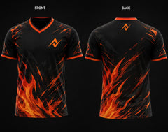 Front and back view of Inferno Blaze black and orange flame V-neck esports jersey with custom logo on the chest and back neck.
