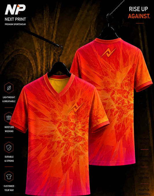 Inferno Collection Crystal Blaze Orange Red V-Neck Sublimation Sports Jersey Front and Back Mockup