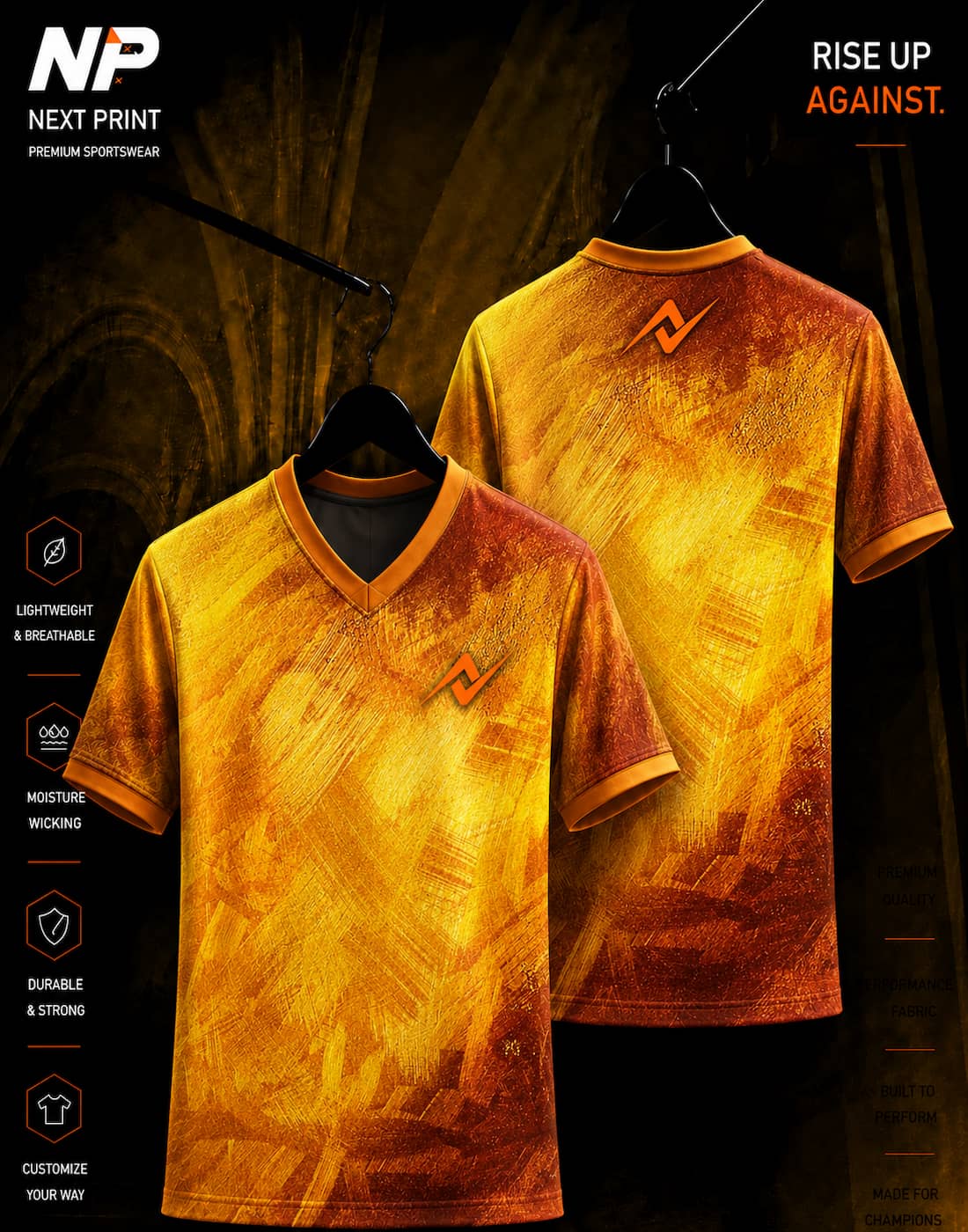Inferno Collection Ember Brush Gold Bronze V-Neck Sublimation Sports Jersey Front and Back Mockup