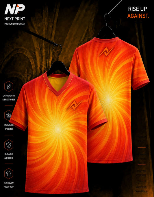 Inferno Collection Solar Burst Orange Blaze V-Neck Sublimation Sports Jersey Front and Back Mockup
