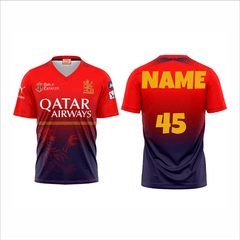 Front and back view of a custom red and navy gradient V-neck cricket jersey with personalized player name and jersey number.