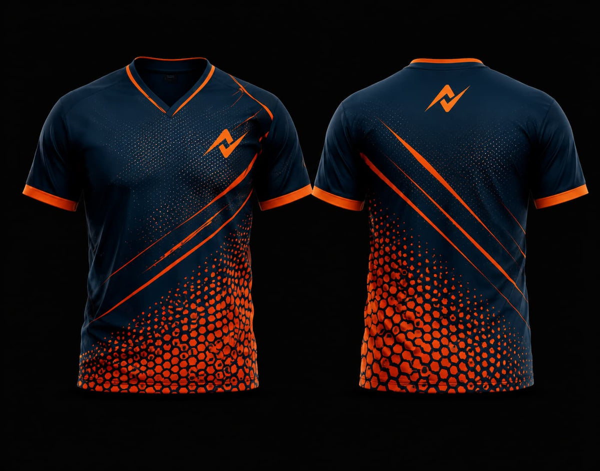 Front and back view of a navy blue and orange V-neck cricket jersey with hexagonal graphics, diagonal accents, custom chest logo, and back neck logo.