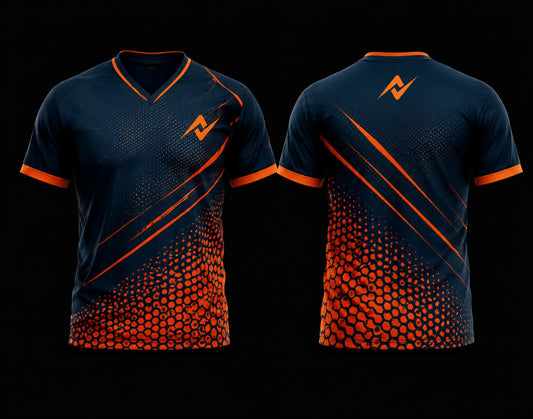 Front and back view of a navy blue and orange V-neck cricket jersey with hexagonal graphics, diagonal accents, custom chest logo, and back neck logo.