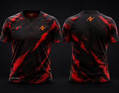 Front and back view of Inferno Strike premium red and black esports jersey featuring aggressive slash graphics, round neck collar, and professional gaming apparel styling.