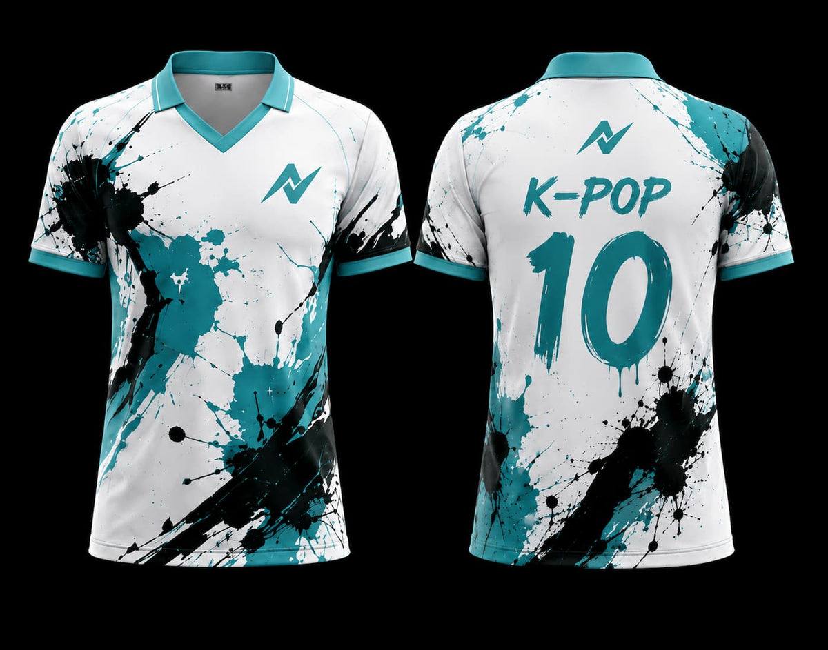 Front and back view of the Ink Splash K-Pop V Neck Polo Collar Jersey featuring white, aqua blue, and black paint splash graphics with a modern streetwear design.