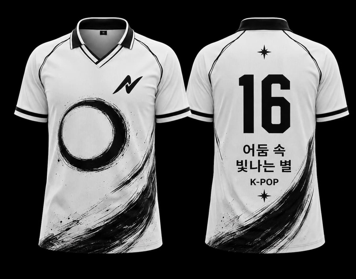 Black and white K-Pop Ink Zen polo collar esports jersey featuring minimalist Korean brushstroke artwork with front and back views.