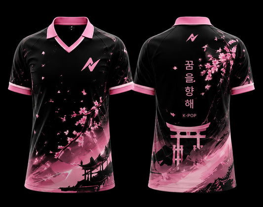Front and back view of a black and pink K-Pop polo collar jersey featuring cherry blossom artwork and traditional Korean-inspired landscape graphics.
