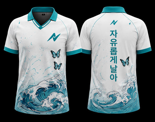 Front and back view of a white and aqua K-Pop Ocean Breeze polo collar esports jersey featuring ocean wave artwork and butterfly graphics.