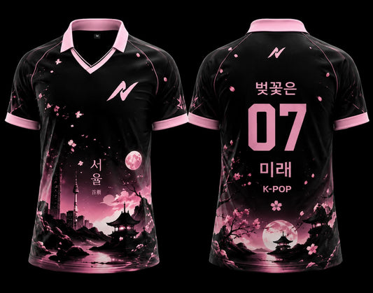 Black and pink K-Pop Seoul Lights polo collar jersey featuring a moonlit Seoul skyline, cherry blossom artwork, and front and back views