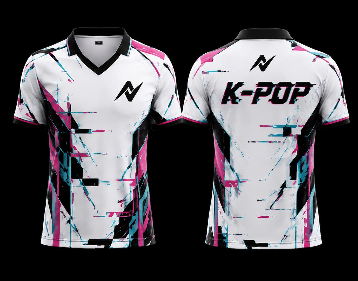 Front and back view of a white V-neck polo K-pop jersey featuring black, pink, and cyan digital glitch graphics with premium sublimation printing and modern Korean streetwear styling.