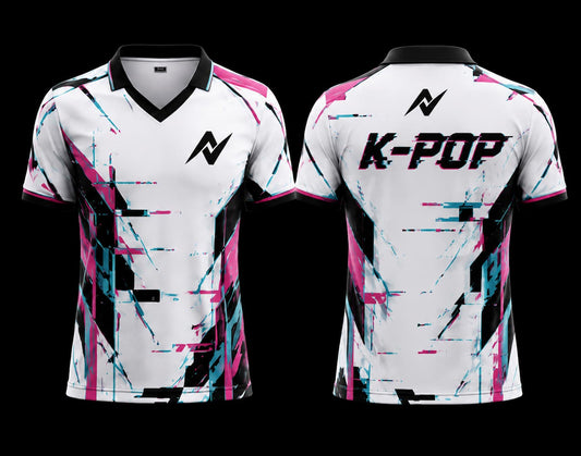 Front and back view of a white V-neck polo K-pop jersey featuring black, pink, and cyan digital glitch graphics with premium sublimation printing and modern Korean streetwear styling.