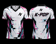 Front and back view of a white V-neck polo K-pop jersey featuring black, pink, and cyan digital glitch graphics with premium sublimation printing and modern Korean streetwear styling.