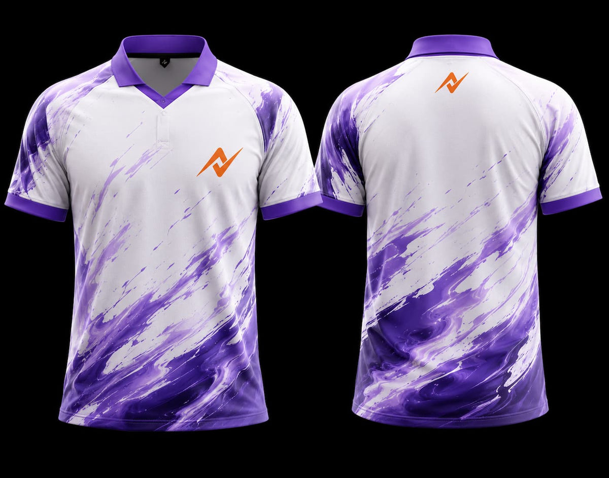 White and purple K-Pop inspired esports jersey with abstract wave graphics, orange chest logo, and matching back neck logo shown from front and back.