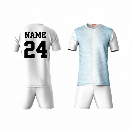 Light blue gradient activewear t-shirt with white shorts back view