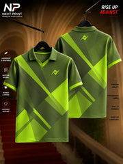 Olive green and lime green geometric custom performance polo jersey with front and back views for cricket, football, and team sports.