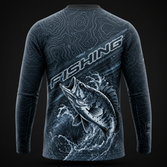 Tactical Fishing Performance Shirt for Men – UV 50+ Long Sleeve Angler Jersey | Black Topographic Fish Graphic