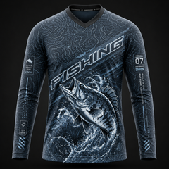 Black tactical fishing performance shirt with topographic pattern and jumping fish graphic, UV 50+ long sleeve angler jersey for men.
