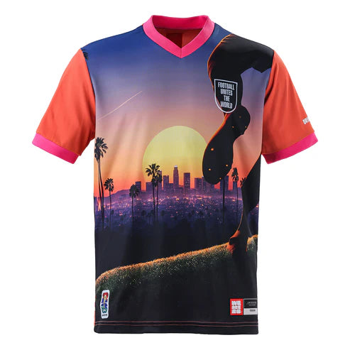 Los Angeles Host City Jersey 2026 Limited Edition Football Jersey Front View Featuring Sunset Skyline Palm Tree and City Inspired Artwork