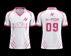 Front and back view of a white and pink V-neck polo K-pop jersey featuring a heartbeat line, heart graphic, premium sublimation print, and customizable design.