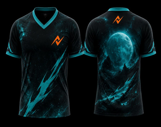 Front and back view of a black and cyan V-neck esports jersey featuring futuristic energy graphics with a moonlit landscape design and orange team logo.