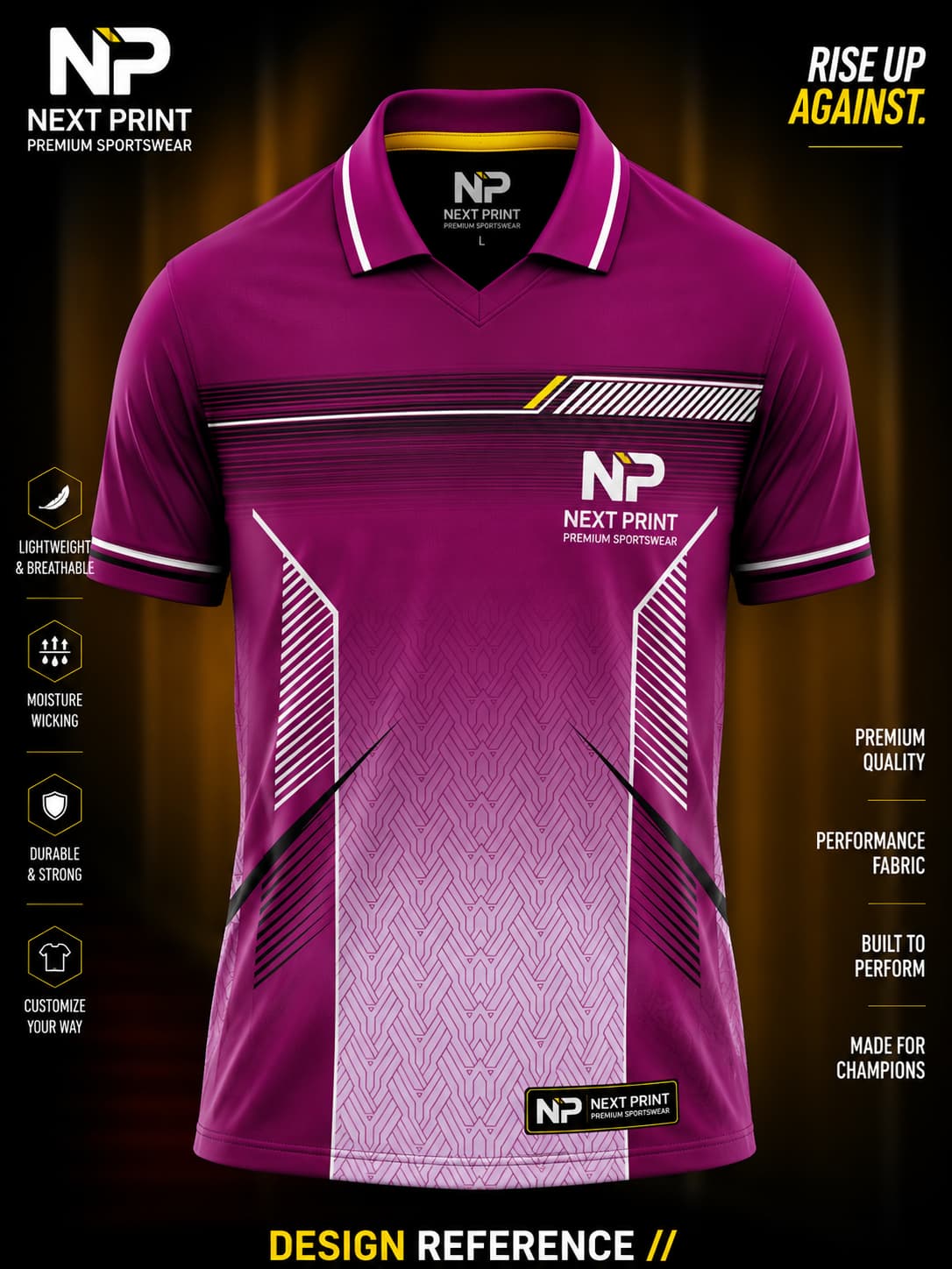 Front view of a magenta elite polo sports jersey featuring geometric graphics, white panel detailing, and premium dry-fit performance fabric.