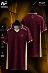 Premium maroon polo sports jersey with geometric pattern, ivory side panels, and dry-fit performance fabric shown from front and back.
