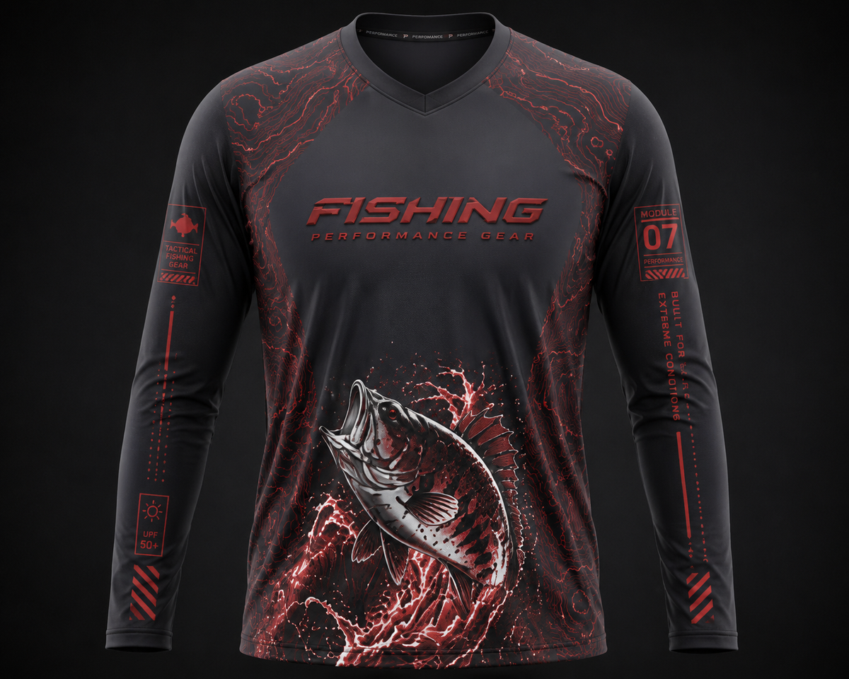 Men wearing black and red tactical fishing performance shirt with fish graphic and UPF 50 UV protection