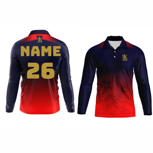 Front and back view of a navy and crimson custom full sleeve polo cricket jersey with personalized player name and jersey number.