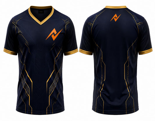 Premium black and gold V-neck esports jersey featuring futuristic circuit-inspired graphics with front and back views.