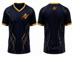 Premium black and gold V-neck esports jersey featuring futuristic circuit-inspired graphics with front and back views.