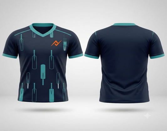 Front and back view of a midnight navy V-neck cricket jersey featuring aqua cricket bat graphics, aqua sleeve trims, and a clean customizable back.