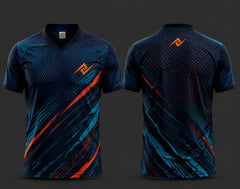Front and back view of a navy blue V-neck cricket jersey featuring cyan and orange dynamic streak graphics with an orange chest logo and matching back neck logo.