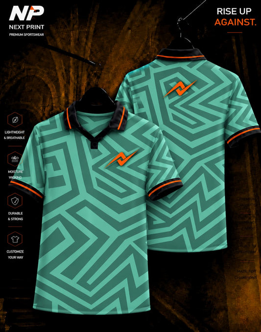 Mint green geometric maze sublimation polo sports jersey front and back design by Next Print